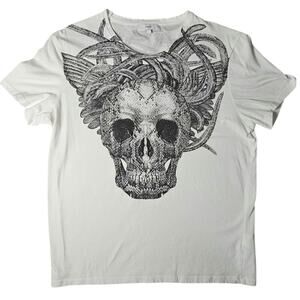 OODJI White 100% Cotton Crewneck T-Shirt with Skull XL PTP 21.5 L26